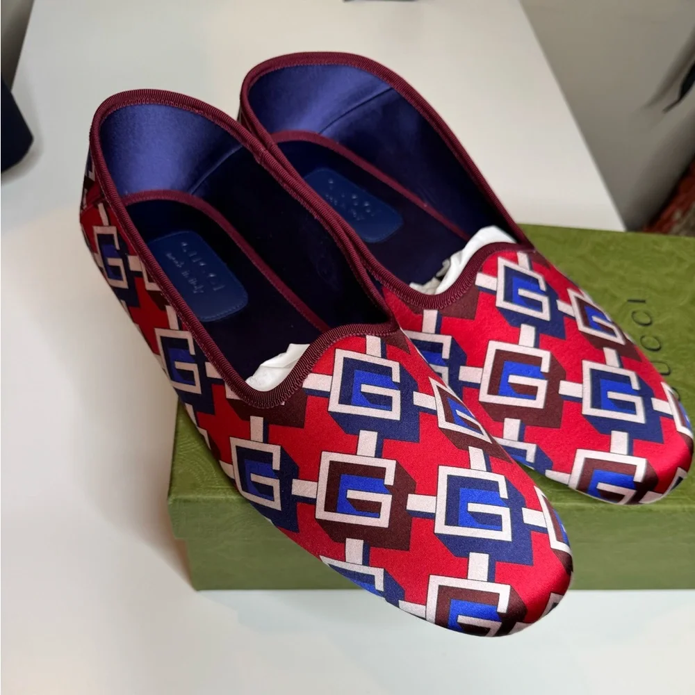 Gucci Red Satin Voyage Geometric G Print Slipper Shoes New $570